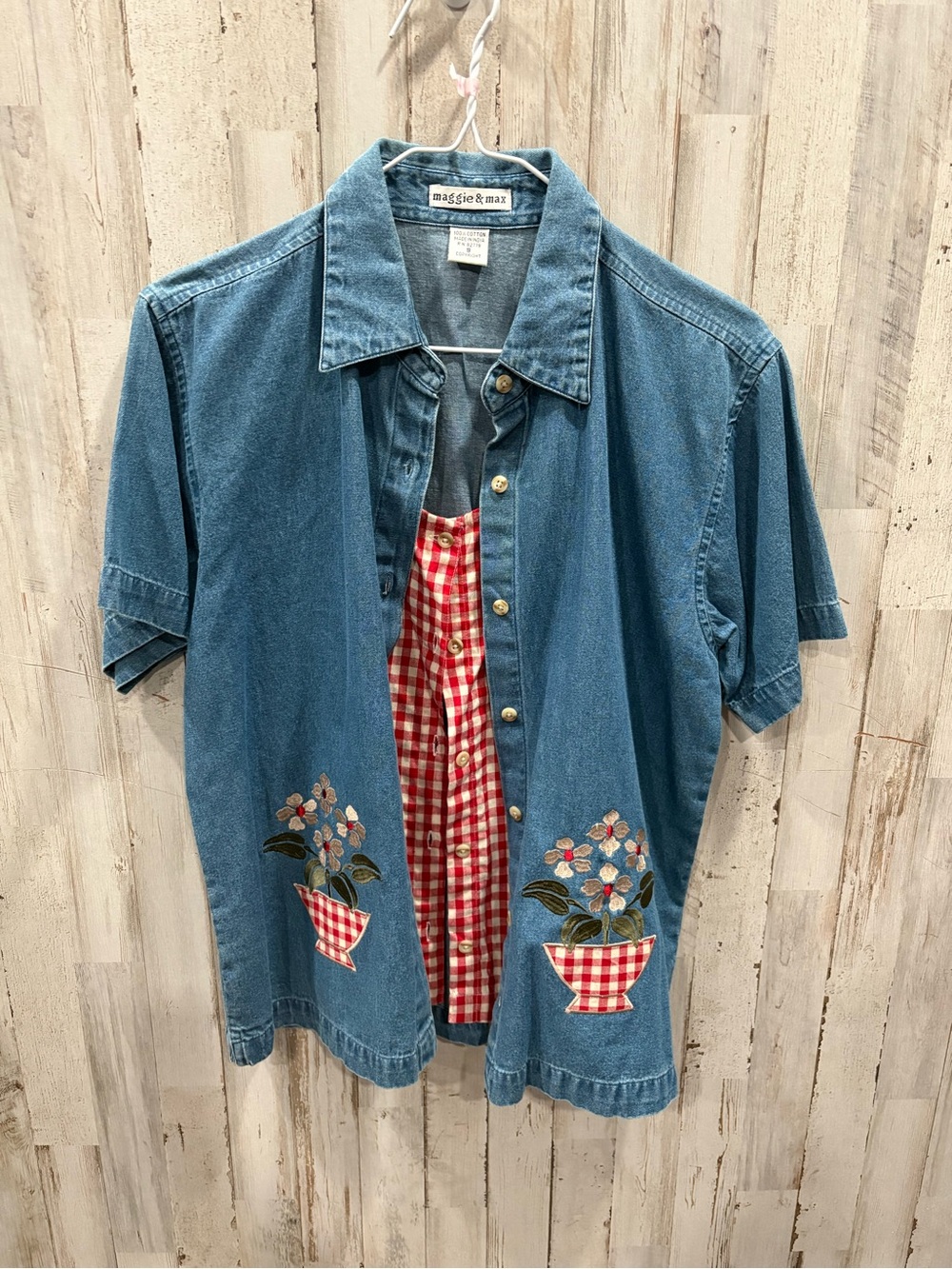 Vintage 90s Maggie & Max Blue Denim Button-Down Shirt Red Gingham Small Picnic